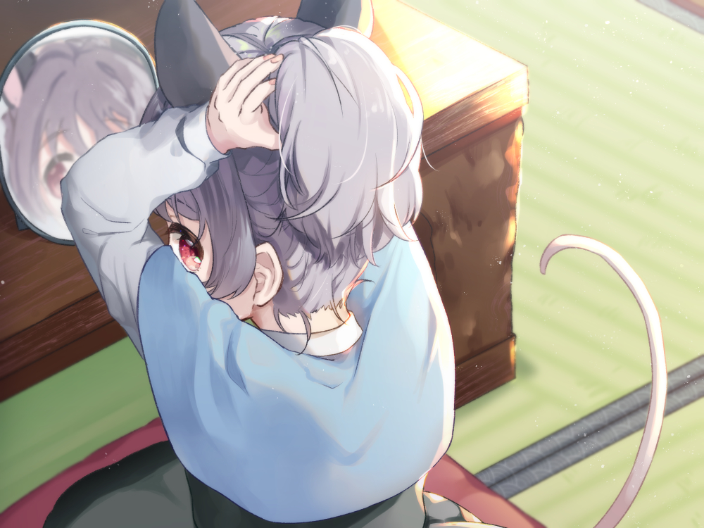 1girl adjusting_hair animal_ears ari_don bangs blue_capelet blush capelet commentary_request dress eyebrows_visible_through_hair grey_dress grey_hair looking_at_viewer looking_back mirror mouse_ears mouse_girl mouse_tail nazrin red_eyes short_hair solo table tail tatami touhou upper_body