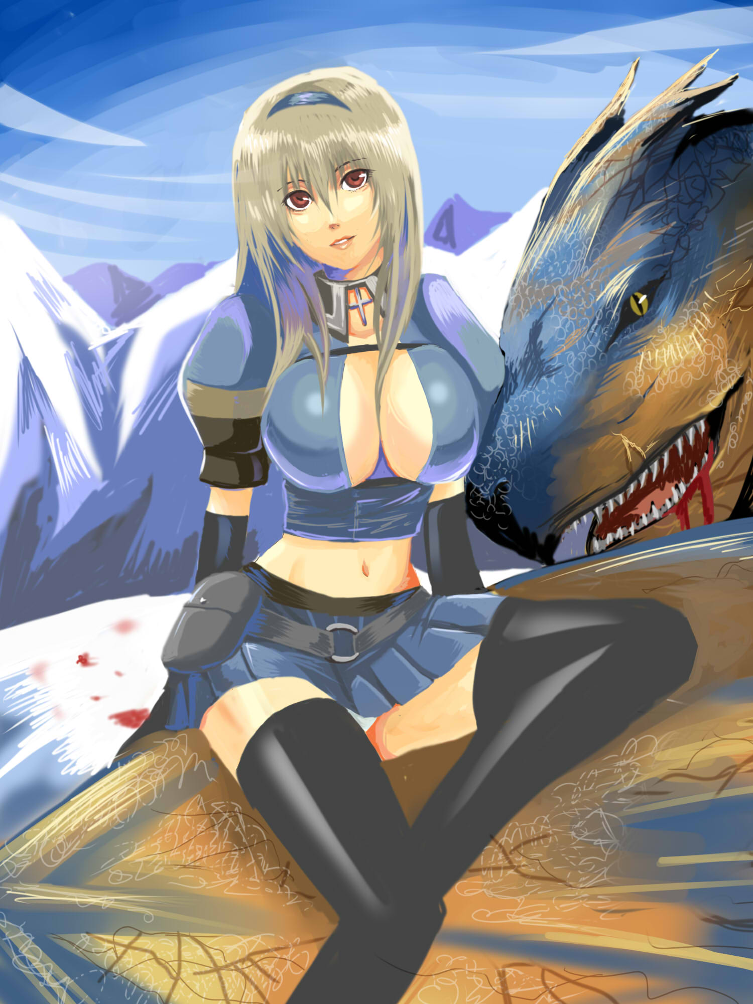 armor asuru azul_(armor) bad_id bangs bb belt belt_pouch beltbra between_breasts black_legwear blood breasts cleavage cloud crop_top cross elbow_gloves fantasy gloves grin hairband head_tilt highres huge_breasts large_breasts lips long_hair looking_at_viewer looking_back midriff monster_hunter mountain nanami_ka_zu_sa nanami_kazusa nature navel no_bra open_clothes open_mouth open_shirt outdoors panties pantyshot pantyshot_sitting pleated_skirt pouch red_eyes riding scar shirt silver_hair sitting skirt sky slit_pupils smile snow strap teeth thigh-highs thighhighs turtleneck underwear white_panties wide_hips wings yellow_eyes