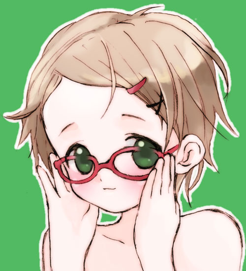 blush brown_hair glasses green_eyes hair_ornament hairclip kicham short_hair