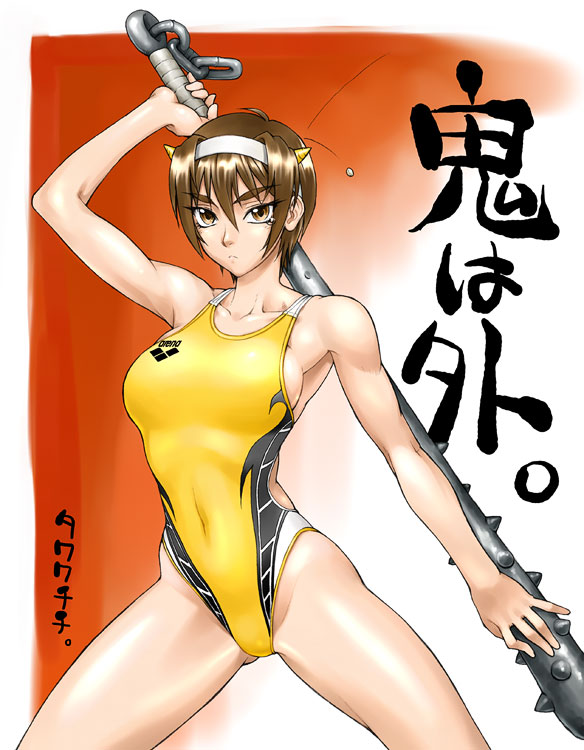 bang-you bb breasts brown_hair club crossover hairband horns kill_bill parody swimsuit