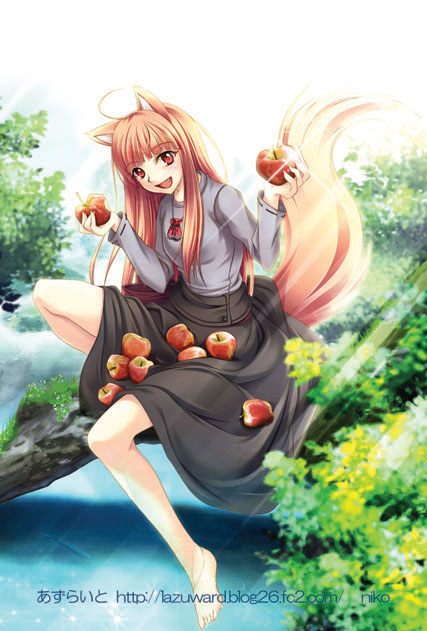 apple apples barefoot brown_hair fang food fruit holding holding_fruit holo long_hair niko niko_(azurite) red_eyes skirt_basket skirt_carry spice_and_wolf tail wolf_ears