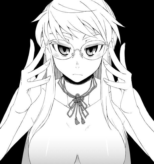 breasts cleavage glasses kusanagi_tonbo long_hair monochrome original