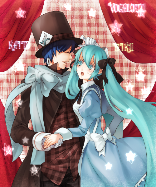 alice_(wonderland) alice_(wonderland)_(cosplay) apron bow cosplay crossover green_eyes green_hair hatsune_miku kaito kanmi mad_hatter scarf twintails vocaloid