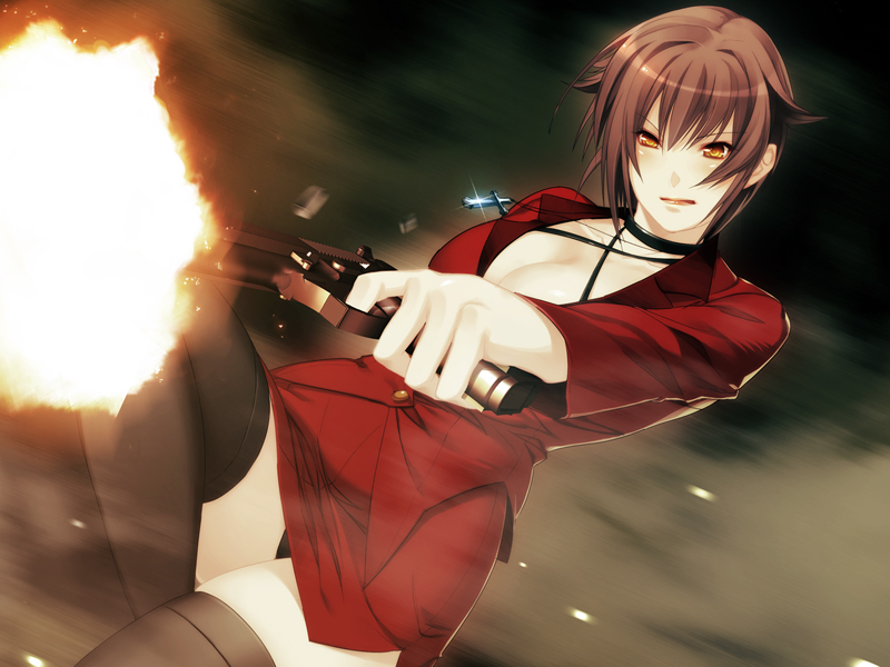 black_hair black_panties black_thighhighs breasts brown_hair business_suit carnevale_della_luce_della_luna choker cleavage cross firing formal game_cg gun handgun jewelry leg_lift lipstick miniskirt necklace nitroplus oosaki_shin'ya oosaki_shinya panties pantyshot pistol rebecca_(carnevale_della_luce_della_luna) semiautomatic shell_casing shell_casings short_hair skirt solo suit thigh-highs thighhighs underwear weapon yellow_eyes