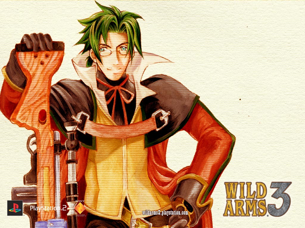 black_gloves blue_eyes clive_winslett facial_hair glasses gloves green_hair gun hand_on_hip logo male official_art ooba_wakako rifle smile solo stubble title_drop wallpaper weapon white_background wild_arms wild_arms_3
