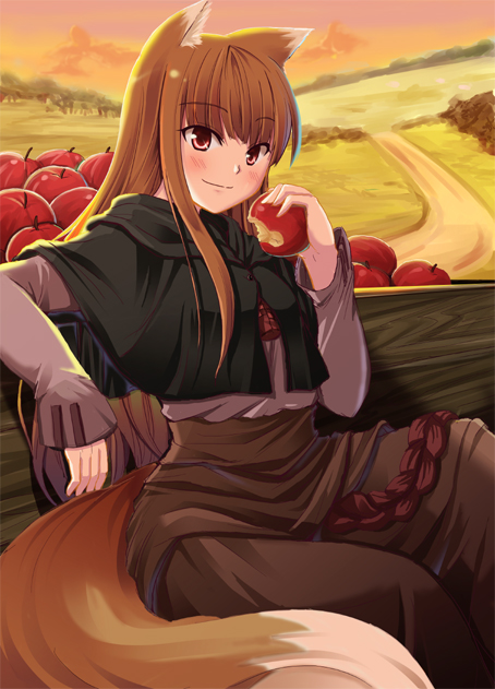 apple apples brown_hair food fruit holding holding_fruit holo long_hair nekonote red_eyes spice_and_wolf tail wolf_ears