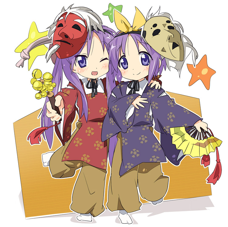 arm_around_neck bell fan folding_fan hiiragi_kagami hiiragi_tsukasa ixy japanese_clothes jingle_bell lucky_star mask multiple_girls purple_eyes purple_hair star tabi twintails violet_eyes wink