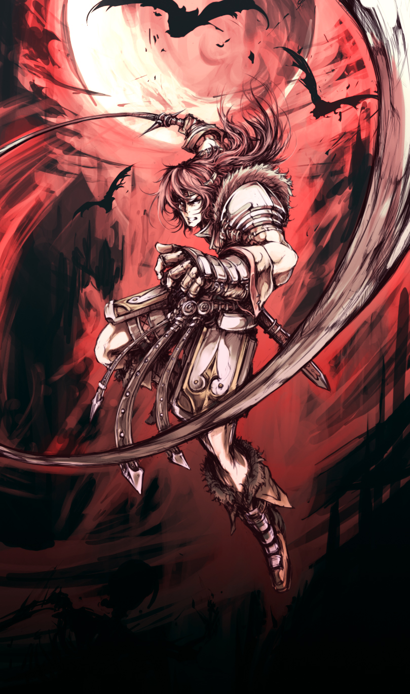 bat castlevania gauntlets gloves highres kurkoboltsi long_hair moon red_hair redhead sheath simon_belmondo simon_belmont solo sword weapon whip