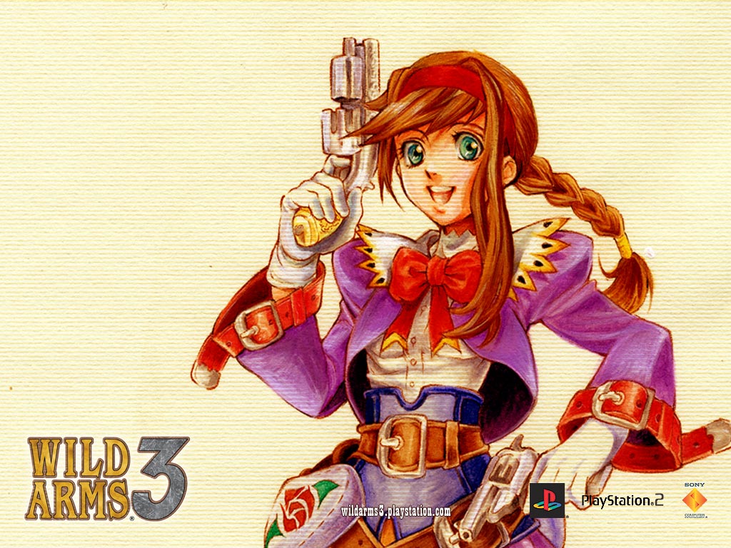 belt bow braid brown_hair dual_wielding green_eyes gun logo long_hair official_art ooba_wakako payot ribbon single_braid smile solo title_drop virginia_maxwell wallpaper weapon wild_arms wild_arms_3 yellow_background