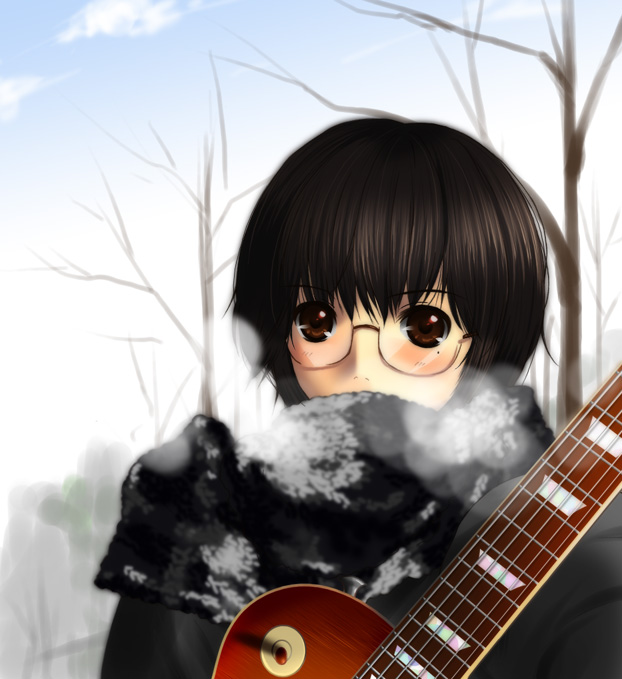 blush glasses guitar instrument mole red_eyes short_hair winter