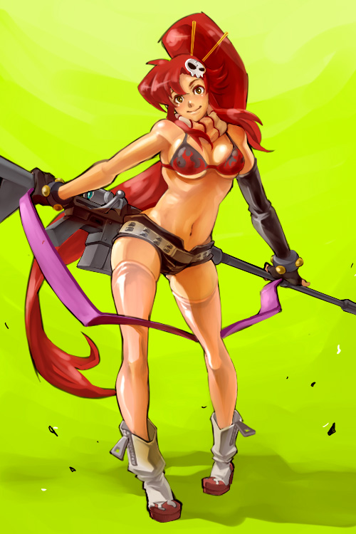 belt bikini_top boots breasts brown_eyes chopsticks cleavage elbow_gloves gloves gun hair_ornament hairclip hotpants long_hair midriff navel ponytail raizou red_hair redhead rifle short_shorts shorts sideboob smile tengen_toppa_gurren_lagann thigh-highs thighhighs under_boob underboob very_long_hair weapon yoko_littner yoko_ritona