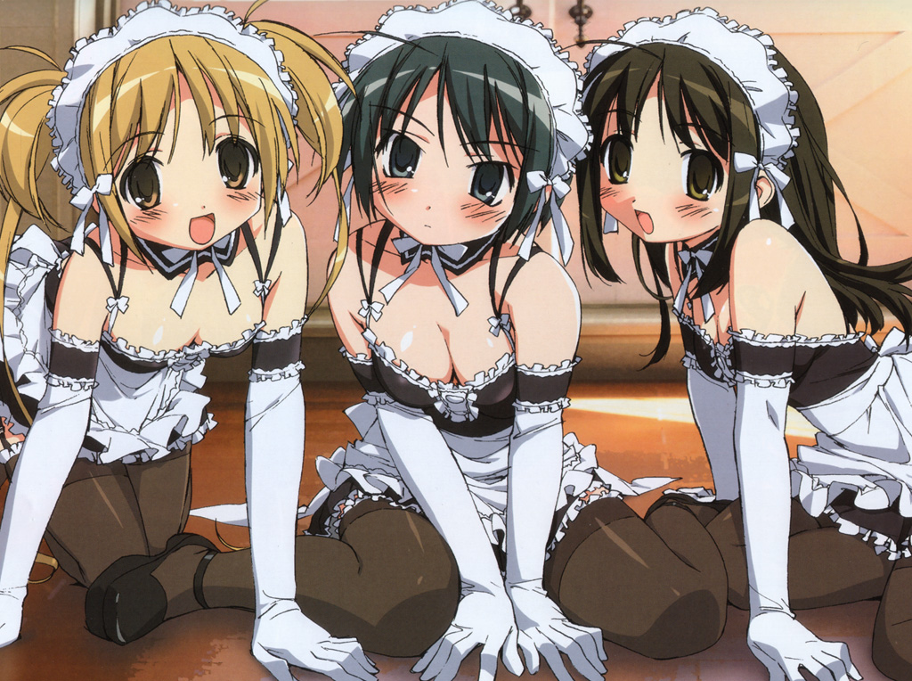 :d ahoge all_fours apron arm_garter arm_support bangs bare_shoulders black_eyes black_hair black_legwear blonde_hair blue_eyes blue_hair blush bow bowtie breasts brown_eyes brown_hair choker cleavage detached_sleeves dress elbow_gloves flat_chest frills garter_straps gloves green_eyes green_hair head_tilt kneeling kore_ga_watashi_no_goshujin-sama kuramachi_anna leaning_forward lineup long_hair looking_at_viewer maid maid_headdress multiple_girls official_art on_floor open_mouth parted_bangs photo_background sawatari_izumi sawatari_mitsuki shoes short_dress short_hair short_twintails sitting smile takamura_kazuhiro thigh-highs thighhighs twintails waist_apron wallpaper white_gloves yellow_eyes