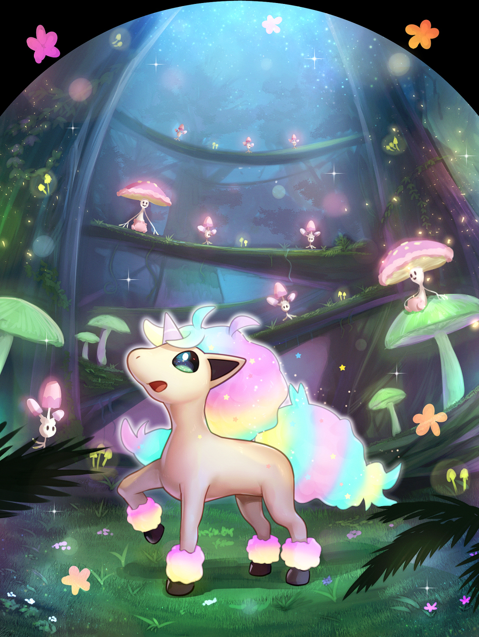 commentary_request flower galarian_form galarian_ponyta gen_7_pokemon gen_8_pokemon glowing gonzarez grass highres leg_up looking_up morelull mushroom nature no_humans open_mouth pink_flower pokemon pokemon_(creature) shiinotic sky sparkle standing_on_three_legs star_(sky) star_(symbol) starry_sky tree unicorn