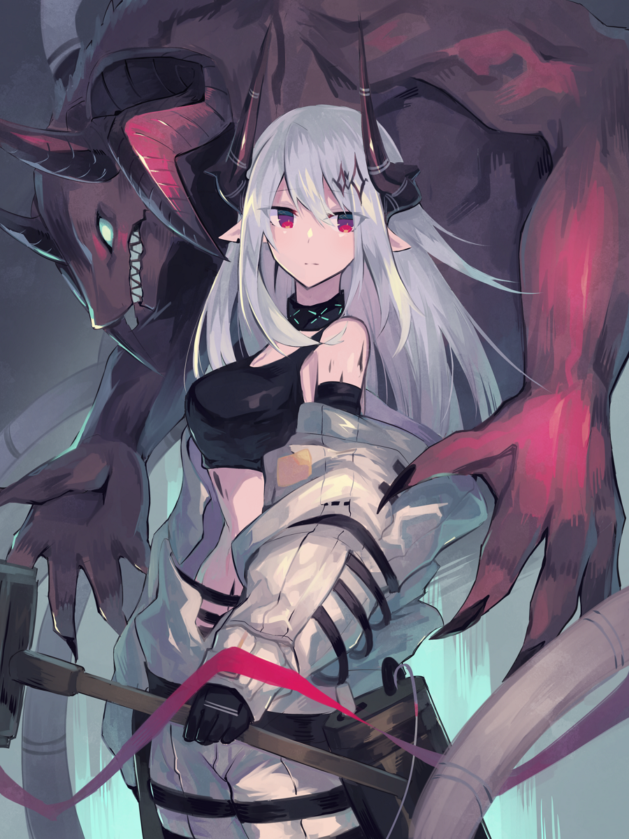 1girl arknights bangs bare_shoulders black_choker black_gloves breasts choker commentary_request cowboy_shot crop_top gloves hammer highres holding holding_hammer holding_weapon horns large_breasts long_hair long_sleeves looking_at_viewer midriff mudrock_(arknights) off_shoulder pointy_ears red_eyes sasa_onigiri silver_hair sports_bra standing stomach weapon