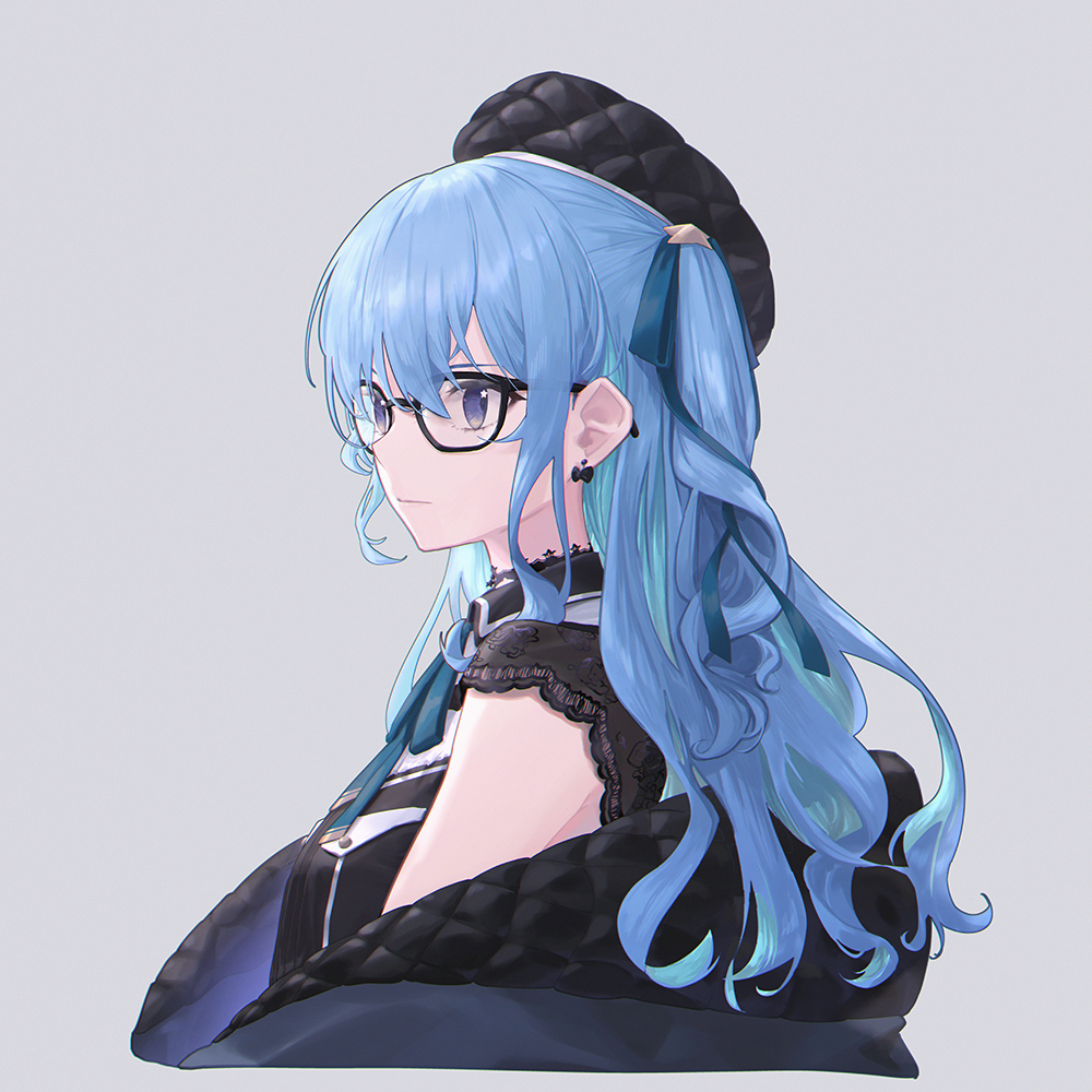 1girl bespectacled black-framed_eyewear black_coat breasts butterfly_earrings closed_eyes coat cropped_torso dangle_earrings earrings expressionless from_side glasses grey_background hair_ornament hair_ribbon hololive hoshimachi_suisei jewelry lace-trimmed_collar lace-trimmed_sleeves lace_trim long_hair looking_ahead off-shoulder_coat quilted_coat ribbon ringlets short_sleeves side_ponytail sidelocks simple_background small_breasts solo star_(symbol) star_hair_ornament star_in_eye symbol_in_eye upper_body violet_eyes wavy_hair whitem_(whiteemperor2020) winter_clothes winter_coat