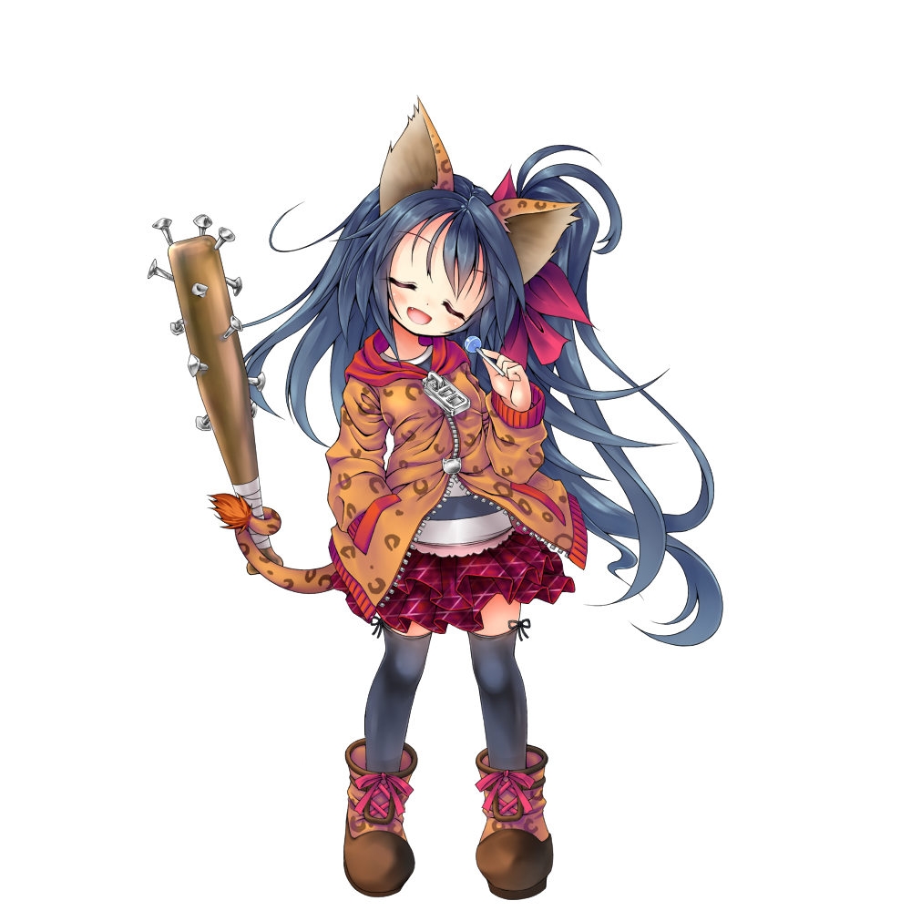 1girl :d animal_ears balulu_alma bangs baseball_bat black_hair black_legwear blush boots brown_footwear brown_jacket candy closed_eyes emil_chronicle_online eyebrows_visible_through_hair facing_viewer fang food full_body hair_ribbon hand_in_pocket hand_up head_tilt holding holding_candy holding_food holding_lollipop hood hood_down hooded_jacket jacket layered_skirt lollipop long_hair long_sleeves maou_mikage nail nail_bat one_side_up open_mouth pink_ribbon plaid plaid_skirt pleated_skirt prehensile_tail purple_skirt red_ribbon ribbon shirt simple_background skirt smile solo standing striped striped_shirt tail thigh-highs unmoving_pattern very_long_hair white_background