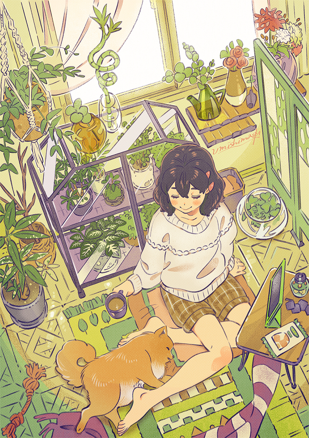 1girl barefoot brown_hair chips closed_eyes coffee cup curtains dog flower food hair_between_eyes hair_ornament hairclip highres holding holding_cup looking_down mug open_mouth original plaid plaid_shorts plant_request potato_chips red_flower red_rose rose short_hair shorts sitting sweater tablet_pc umishima_senbon window