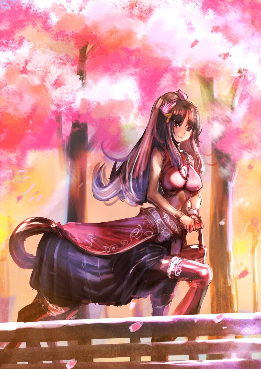 1girl bag big_hair bow_(bhp) breasts brown_eyes brown_hair centaur cherry_blossoms closed_mouth fence from_side highres holding holding_bag large_breasts looking_at_viewer looking_to_the_side original ponytail smile solo tree walking