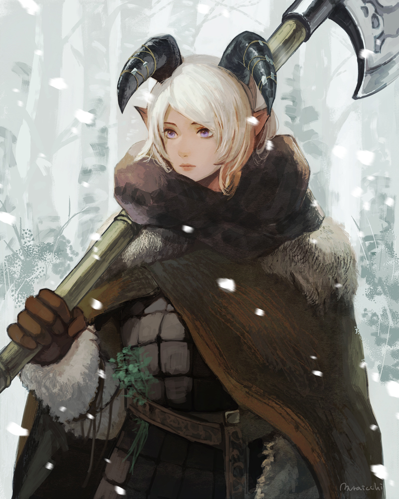 1girl armor axe belt brown_gloves closed_mouth fur_trim gloves herb holding holding_axe holding_weapon horns muraicchi_(momocchi) original outdoors over_shoulder plant pointy_ears short_hair signature snow snowing solo tree violet_eyes weapon weapon_over_shoulder white_hair winter winter_clothes