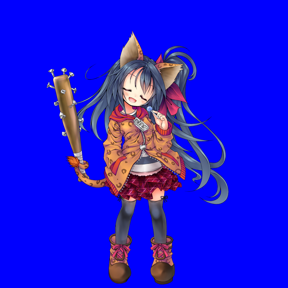 1girl :d animal_ears balulu_alma bangs baseball_bat black_hair black_legwear blue_background blush boots brown_footwear brown_jacket candy closed_eyes emil_chronicle_online eyebrows_visible_through_hair facing_viewer fang food full_body hair_ribbon hand_in_pocket hand_up head_tilt holding holding_candy holding_food holding_lollipop hood hood_down hooded_jacket jacket layered_skirt lollipop long_hair long_sleeves maou_mikage nail nail_bat one_side_up open_mouth pink_ribbon plaid plaid_skirt pleated_skirt prehensile_tail purple_skirt red_ribbon ribbon shirt simple_background skirt smile solo standing striped striped_shirt tail thigh-highs unmoving_pattern very_long_hair