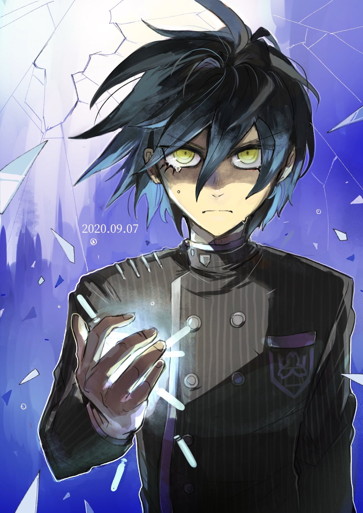 1boy ahoge bangs black_hair black_jacket broken_glass commentary_request dangan_ronpa dated double-breasted floating_hair gakuran glass hair_between_eyes hand_up highres jacket kumakoro_(tetsupag) light long_sleeves looking_at_viewer male_focus multicolored multicolored_background new_dangan_ronpa_v3 saihara_shuuichi school_uniform serious short_hair solo striped_jacket tearing_up upper_body yellow_eyes