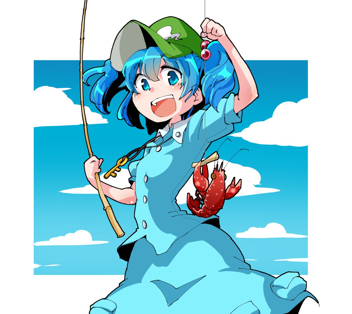 1girl blue_background blue_eyes blue_hair blue_shirt blue_skirt clouds commentary_request cowboy_shot crayfish fishing_rod green_headwear hair_bobbles hair_ornament hand_up holding holding_fishing_rod kawashiro_nitori key looking_at_viewer open_mouth shinapuu shirt short_hair short_sleeves skirt smile solo touhou two_side_up