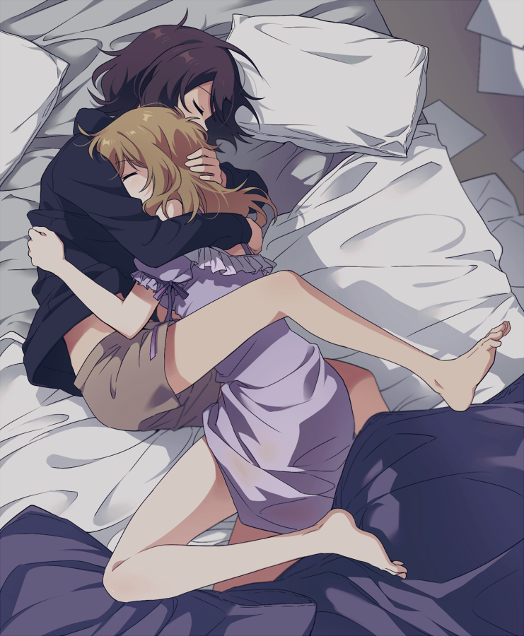 2girls bed black_shirt blanket blonde_hair brown_hair brown_shorts closed_eyes hand_on_another's_back hand_on_another's_head hug lying maribel_hearn medium_hair multiple_girls nightgown papers pillow purple_nightgown re_ghotion shirt shorts sleeping sleepwear touhou usami_renko yuri