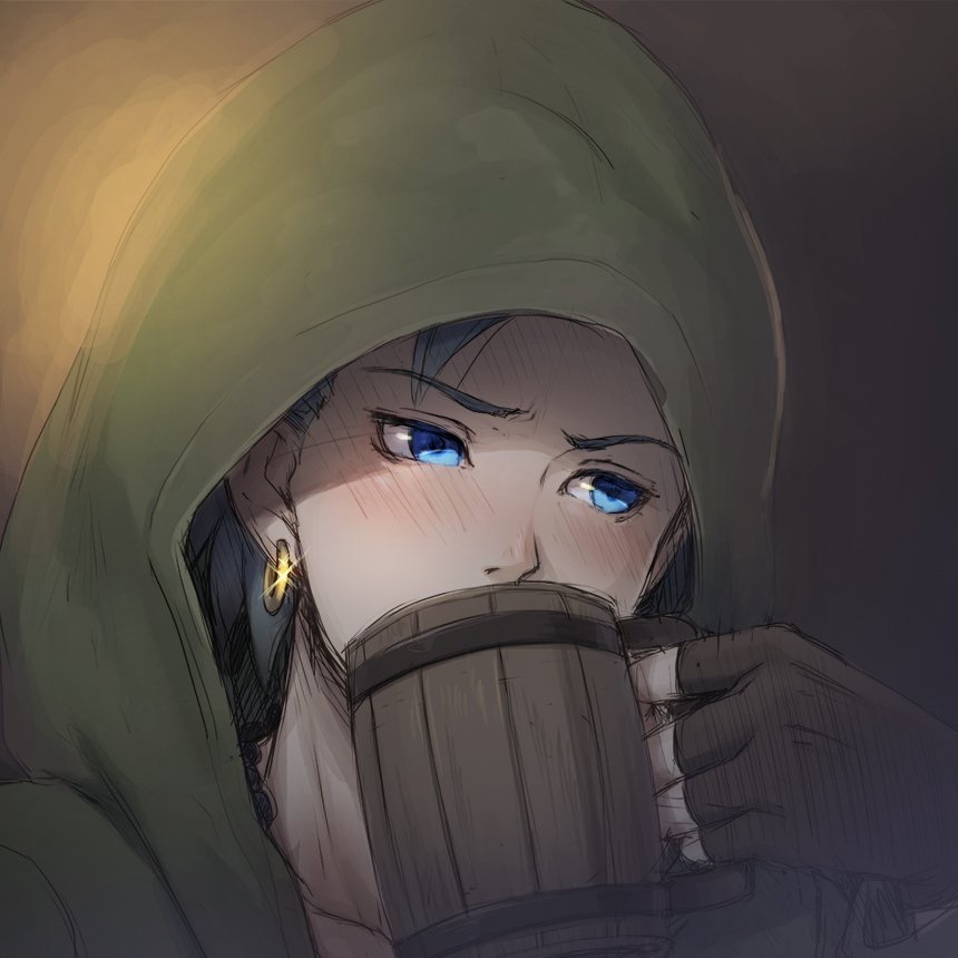 1boy beer_mug blue_eyes blue_hair blush brown_gloves camus_(dq11) close-up collarbone cup dragon_quest dragon_quest_xi earrings face fingerless_gloves gloves holding hood hood_up jewelry looking_to_the_side male_focus mondi_hl mug necklace short_hair solo