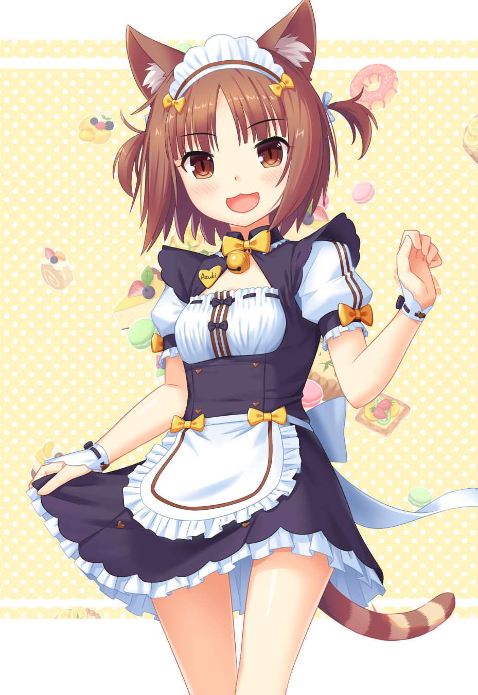 1girl animal_ear_fluff animal_ears apron azuki_(nekopara) bangs bell blush breasts brown_eyes brown_hair cat_ears cat_tail dress eyebrows_visible_through_hair food frilled_dress frills highres jingle_bell looking_at_viewer maid_headdress name_tag nekopara nekoze_(s22834712) open_mouth puffy_short_sleeves puffy_sleeves short_hair short_sleeves small_breasts solo striped_tail tail waist_apron waitress wrist_cuffs