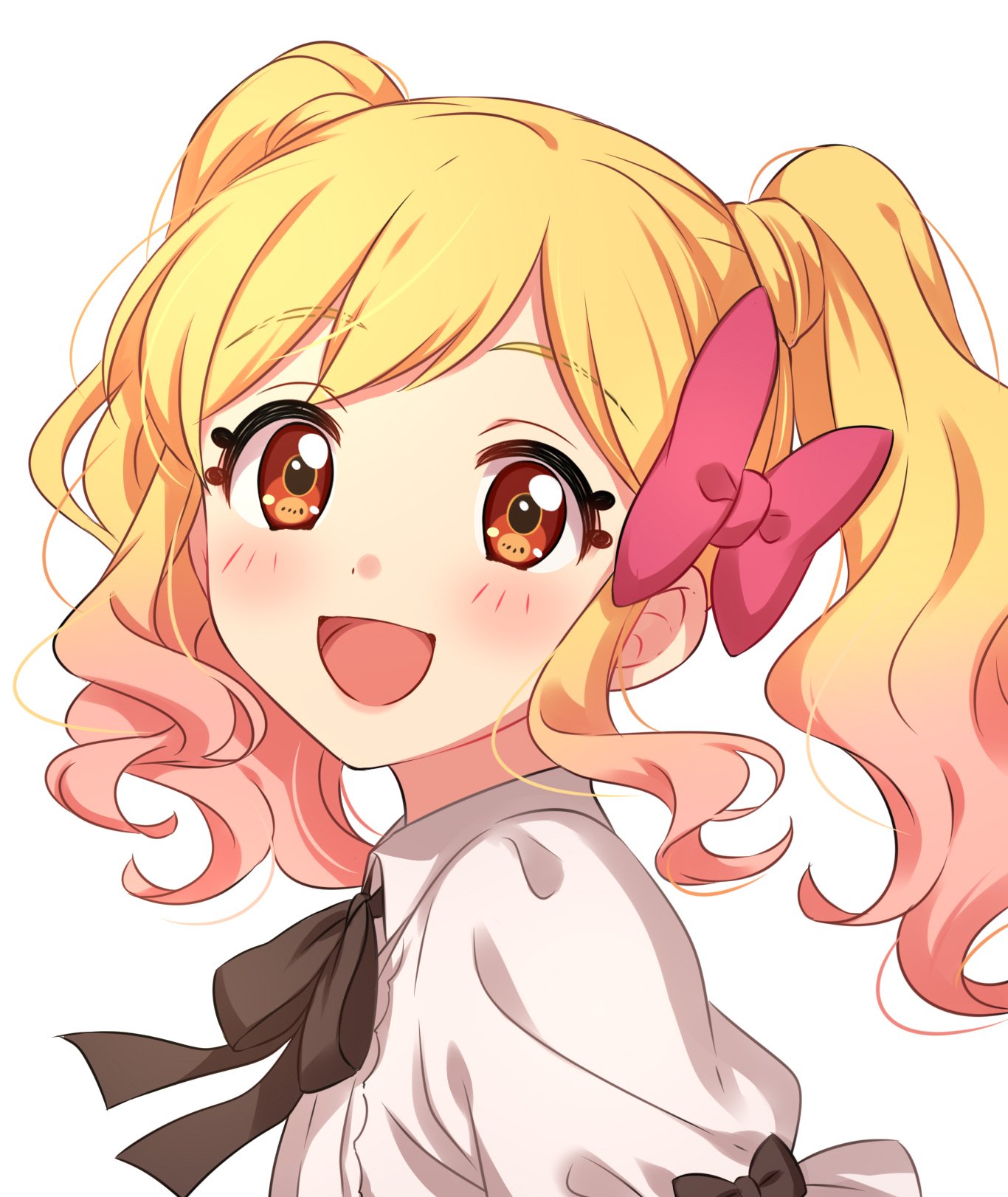 1girl :d aikatsu! aikatsu!_(series) blonde_hair blush bow bowtie brown_bow brown_neckwear from_side gradient_hair highres looking_at_viewer medium_hair multicolored_hair nijino_yume open_mouth pink_hair puffy_short_sleeves puffy_sleeves red_bow sekina shirt short_sleeves simple_background smile solo twintails white_background white_shirt