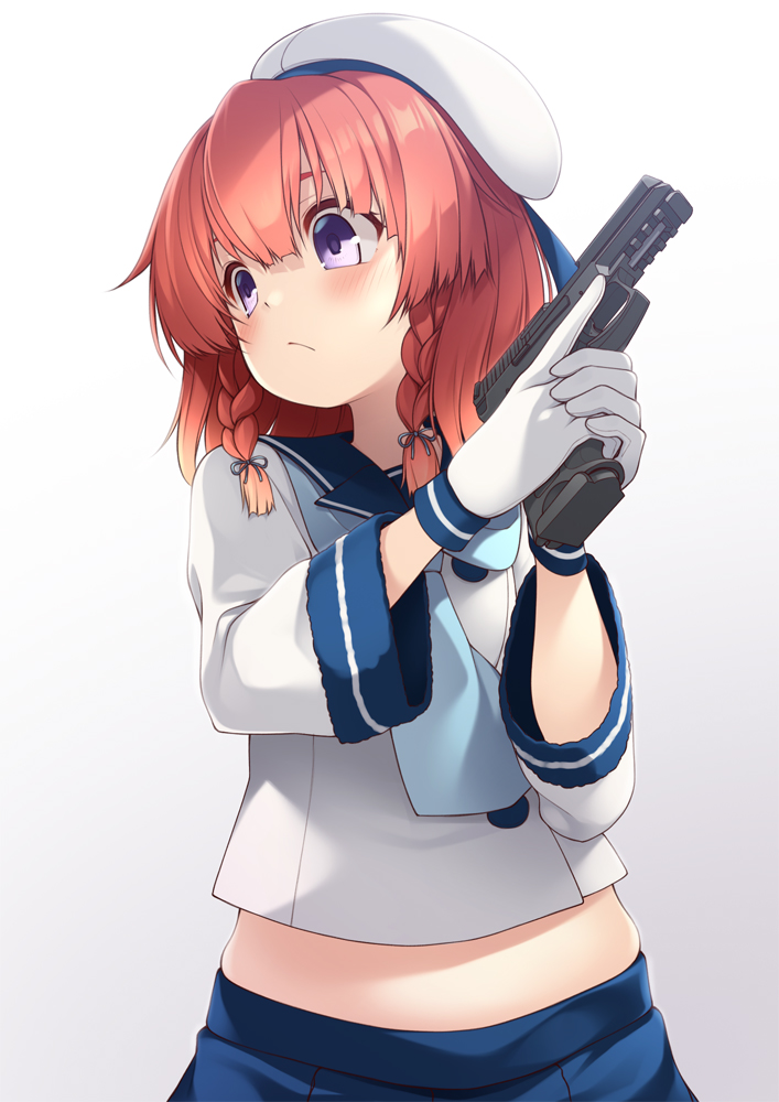 1girl blonde_hair blue_neckwear blue_ribbon blue_skirt bob_cut braid buttons cowboy_shot etorofu_(kantai_collection) gloves gradient_hair gun handgun hat holding holding_gun holding_weapon kantai_collection long_sleeves mofu_namako multicolored_hair neckerchief pistol pleated_skirt redhead ribbon school_uniform serafuku side_braid skirt thick_eyebrows tsurime twin_braids violet_eyes weapon white_background white_gloves