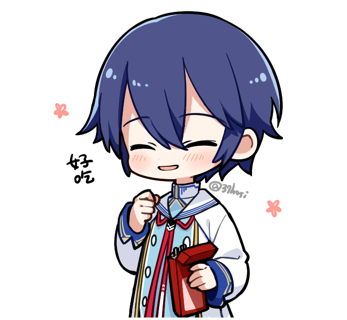 1boy blue_hair blush box chibi chinese_text closed_eyes commentary flower food holding holding_box male_focus minahoshi_taichi pocky sailor_collar school_uniform shirt smile translated twitter_username upper_body vocaloid vsinger white_background white_shirt zhiyu_moke