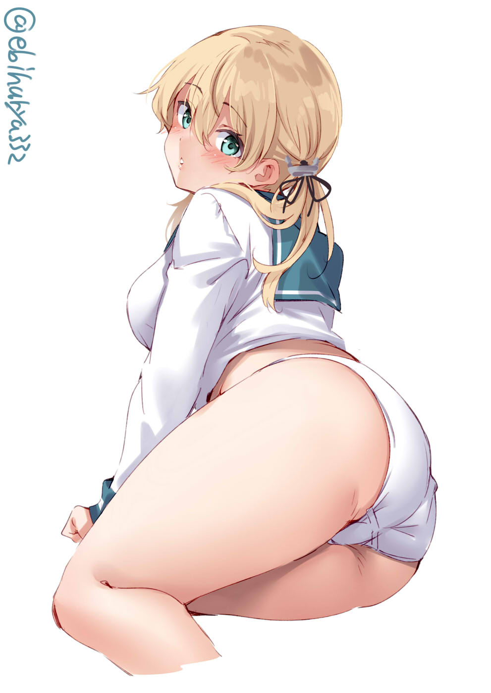 1girl alternate_costume aqua_eyes ass blonde_hair blush breasts cropped_legs ebifurya eyebrows_visible_through_hair hair_between_eyes highres kantai_collection large_breasts long_hair long_sleeves low_twintails no_pants panties parted_lips prinz_eugen_(kantai_collection) school_uniform serafuku simple_background solo twintails twitter_username underwear white_background white_panties