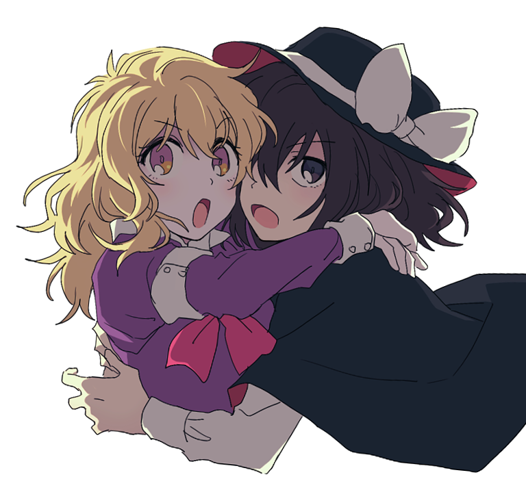 2girls black_capelet black_hair blonde_hair blush brown_eyes capelet collared_shirt fedora hands_on_another's_shoulders hat hat_ribbon long_hair maribel_hearn multicolored multicolored_eyes multiple_girls neckwear open_mouth re_ghotion red_neckwear ribbon shadow shirt short_hair simple_background sleeve_cuffs touhou usami_renko white_background white_shirt