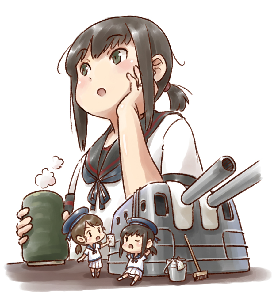 3girls black_hair blue_sailor_collar broom bucket chibi commentary_request cup dress fairy_(kantai_collection) fubuki_(kantai_collection) hat jewelry kantai_collection karasu_(naoshow357) low_ponytail machinery multiple_girls ponytail ring sailor_collar sailor_dress sailor_hat school_uniform serafuku shirayuki_(kantai_collection) short_hair short_ponytail sidelocks simple_background skirt teacup turret wedding_band white_dress white_headwear