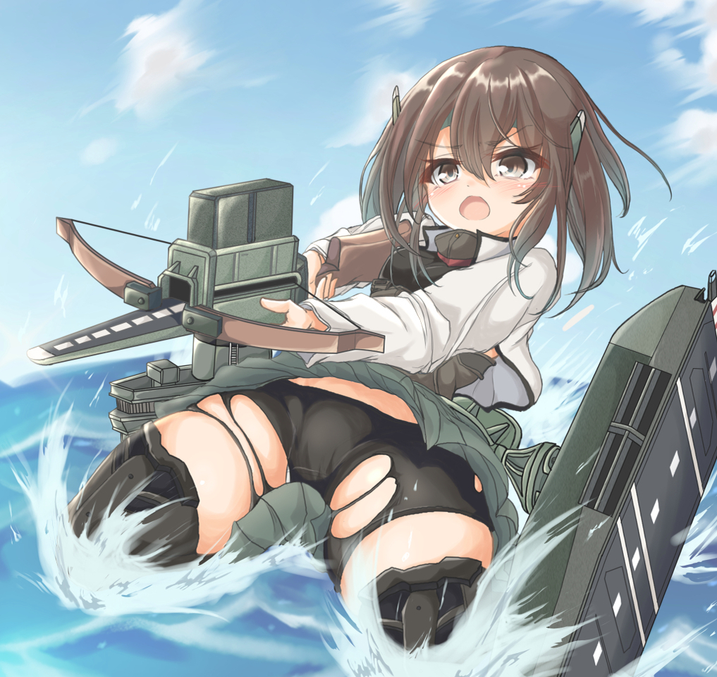 1girl bike_shorts black_shorts blue_sky bow_(weapon) breastplate brown_eyes brown_hair clouds commentary_request crossbow grey_skirt headband headgear kantai_collection kasashi_(kasasi008) machinery shorts shorts_under_skirt skirt sky solo splashing taihou_(kantai_collection) torn_clothes water weapon