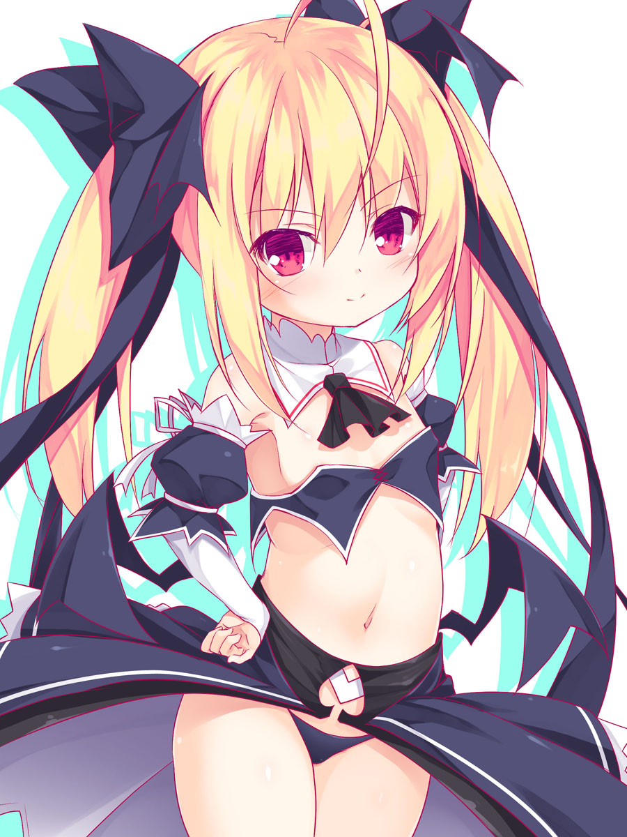 1girl ahoge ascot bangs bare_shoulders black_bow black_neckwear blonde_hair bow breasts closed_mouth collar colored_shadow commentary_request detached_collar detached_sleeves drop_shadow eyebrows_visible_through_hair hair_between_eyes hair_bow hand_on_hip highres long_hair long_sleeves looking_at_viewer navel original puffy_short_sleeves puffy_sleeves red_eyes revealing_clothes ribbon shadow short_over_long_sleeves short_sleeves sidelocks sleeves_past_wrists small_breasts smile solo twintails very_long_hair white_background white_collar white_ribbon yuku_(kiollion)