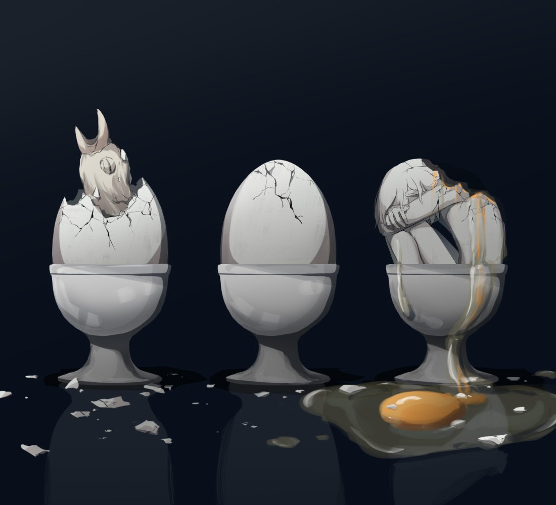 1boy avogado6 bird black_background broken cracked_skin curled_up egg from_side original sitting white_hair white_skin yolk