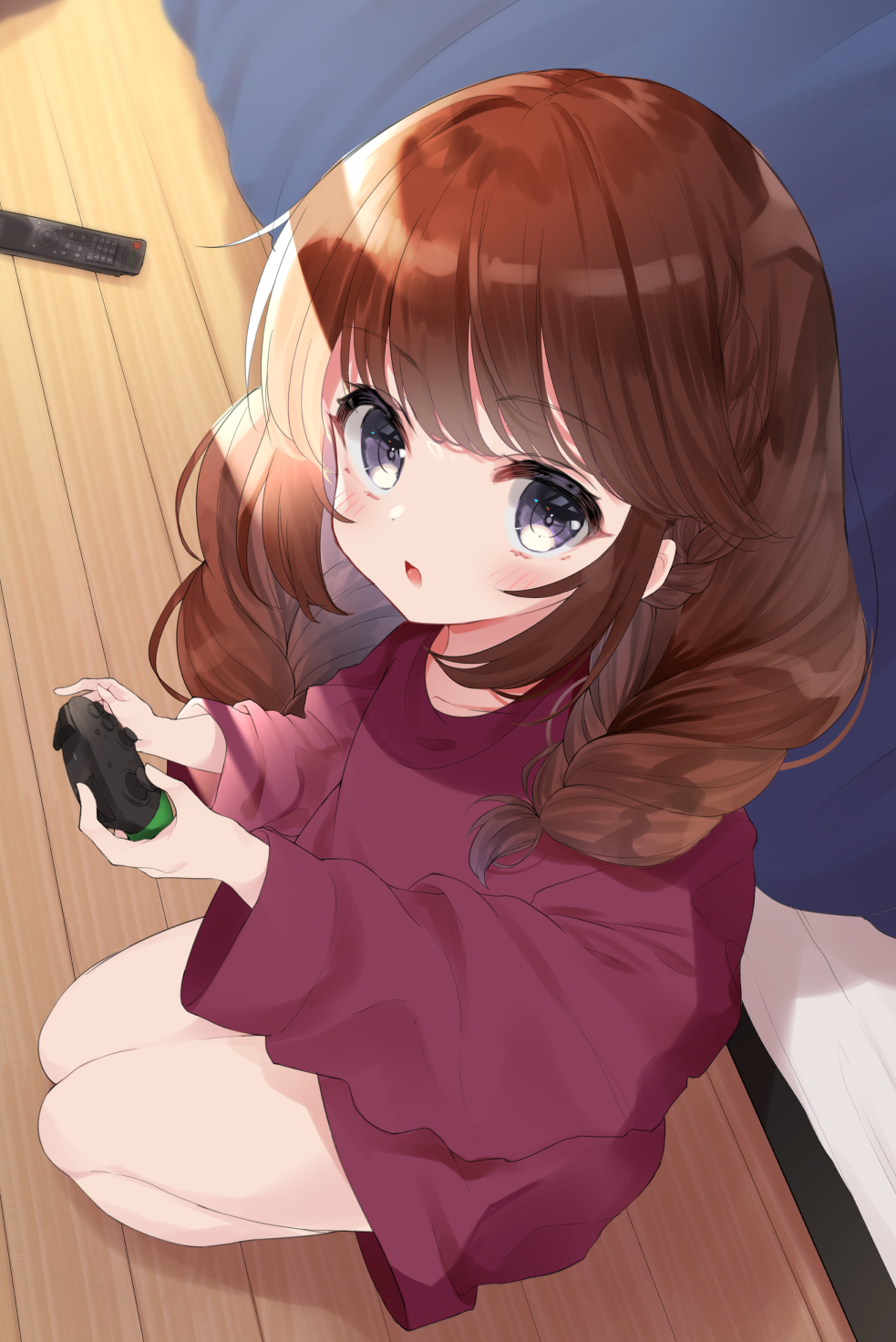 1girl agaki_anko bangs bed blush braid brown_hair collarbone commentary_request controller eyebrows_visible_through_hair game_controller grey_eyes hands_up highres holding indoors long_hair long_sleeves looking_at_viewer on_floor parted_lips princess_connect! princess_connect!_re:dive purple_shirt remote_control seiza shirt sitting solo twin_braids wide_sleeves wooden_floor yuni_(princess_connect!)