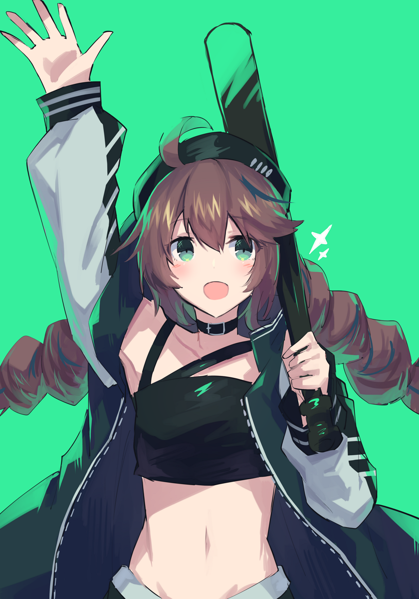 1girl ahoge arknights arm_up bangs baseball_bat black_choker black_headwear blush brown_hair choker commentary_request crop_top cuora_(arknights) eyebrows_visible_through_hair green_background green_eyes hair_between_eyes highres holding holding_baseball_bat jacket long_hair long_sleeves looking_at_viewer midriff navel open_clothes open_jacket open_mouth sasa_onigiri simple_background solo stomach upper_body