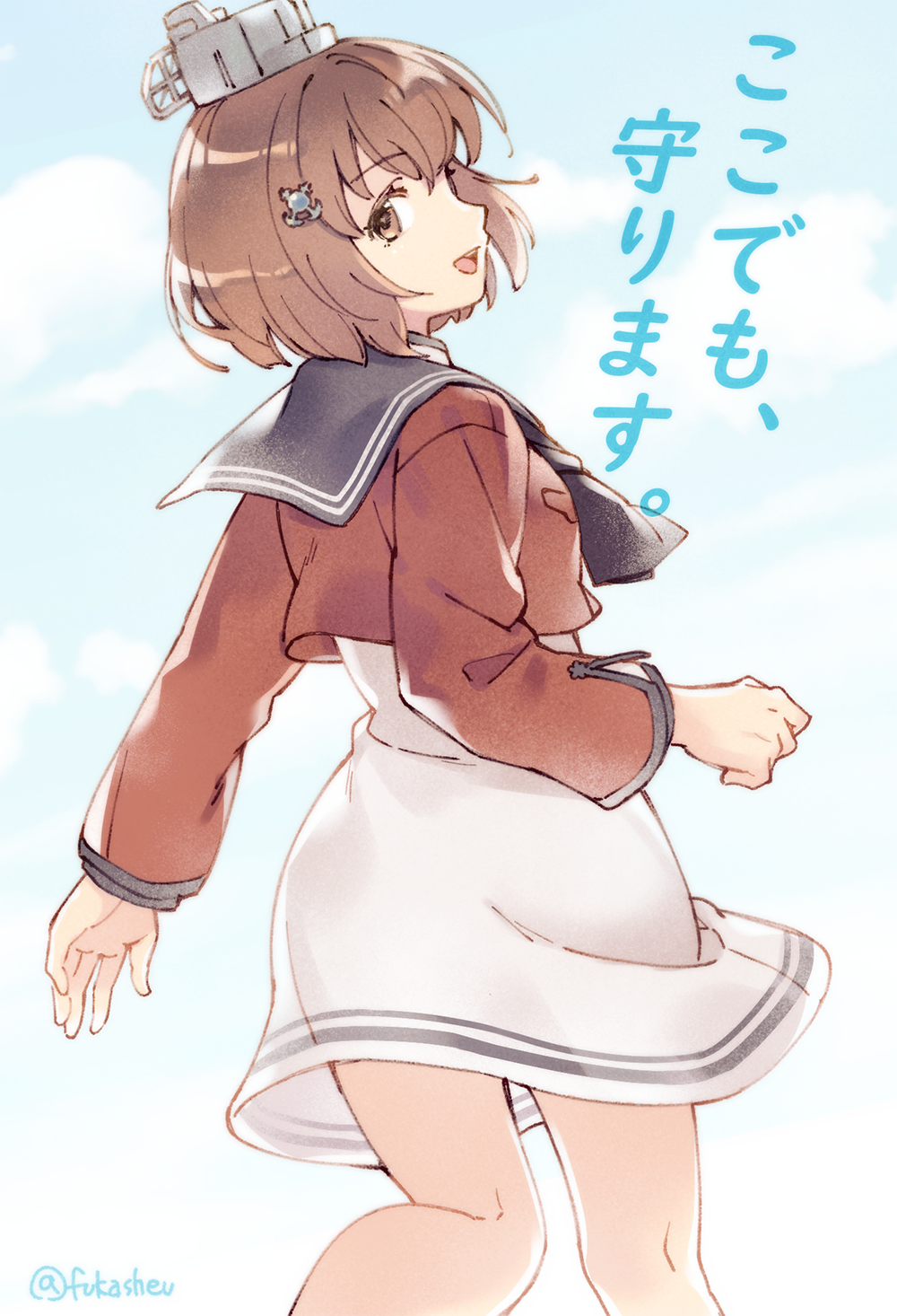 1girl blue_sky brown_eyes brown_hair brown_neckwear clouds commentary_request cowboy_shot dress from_behind fuuka_(fukasheu) grey_sailor_collar hair_ornament hairclip headgear highres kantai_collection looking_back neckerchief open_mouth red_shirt sailor_collar sailor_shirt shirt short_hair sky smile solo tan_yang_(kantai_collection) translation_request upper_teeth white_dress yukikaze_(kantai_collection)