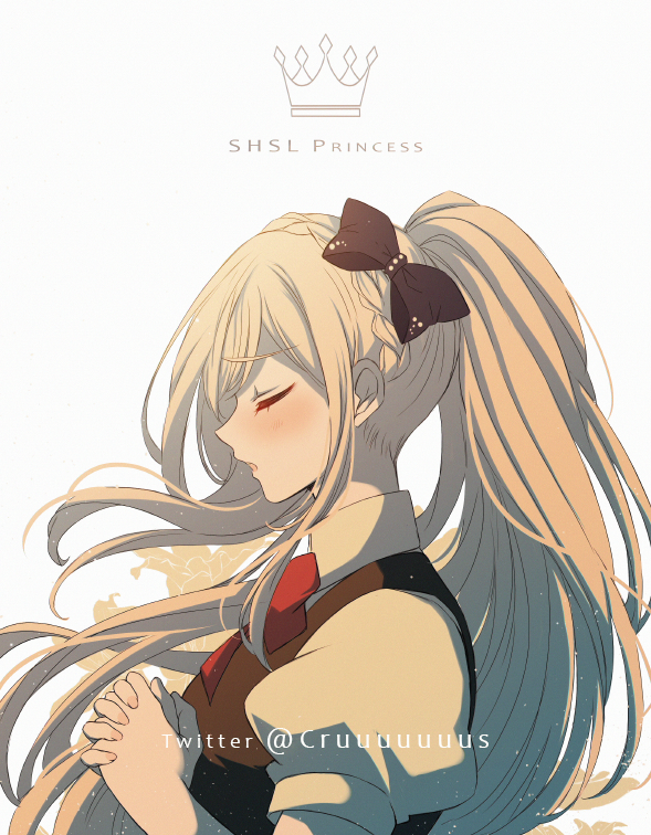 1girl bangs black_bow blonde_hair blush bow braid closed_eyes criis-chan crown_print dangan_ronpa floating_hair from_side hair_bow hands_clasped long_hair open_mouth own_hands_together ponytail puffy_short_sleeves puffy_sleeves red_neckwear shirt short_sleeves simple_background solo sonia_nevermind super_dangan_ronpa_2 symbol_commentary twitter_username upper_body white_background white_shirt