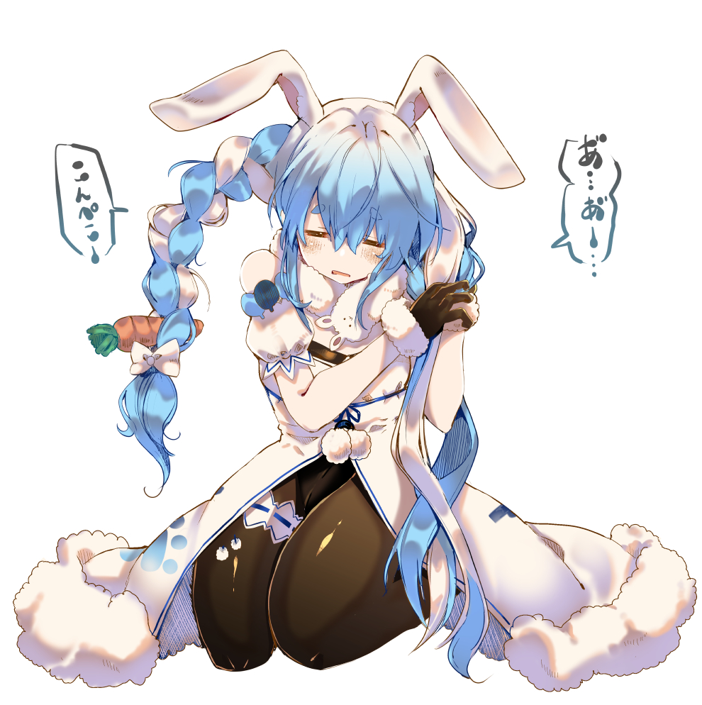 1girl animal_ears annoyed blue_hair bow braid braiding_hair carrot closed_eyes don-chan_(usada_pekora) food_themed_hair_ornament fur_trim hair_bow hair_ornament hairdressing hololive kneeling leotard leotard_under_clothes light_blush looking_down multicolored_hair open_mouth playboy_bunny_leotard rabbit_ears solo speech_bubble translation_request twin_braids usada_pekora virtual_youtuber white_bow white_hair yagi_(yagiumaaai)