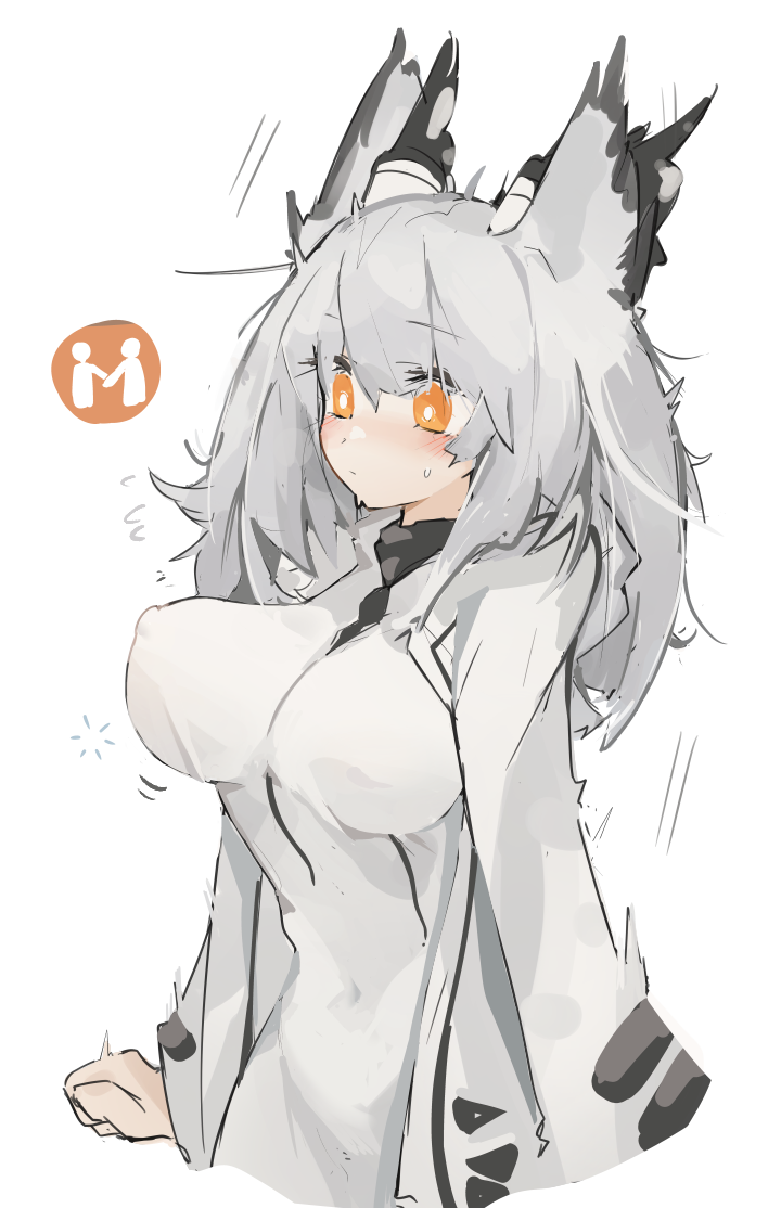 1girl arknights blush bouncing_breasts breasts closed_mouth coat commentary covered_navel covered_nipples cowboy_shot dress eyebrows_visible_through_hair gameplay_mechanics hair_between_eyes large_breasts long_hair looking_down mikojin open_clothes open_coat orange_eyes owl_ears ptilopsis_(arknights) silver_hair simple_background solo sweatdrop white_background white_coat white_dress