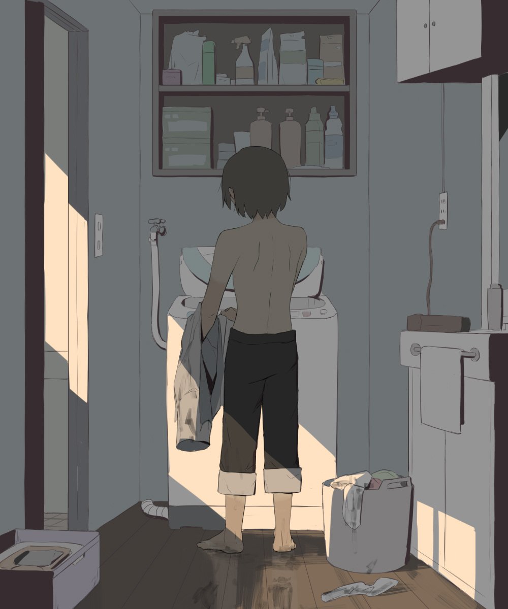 1boy avogado6 barefoot black_pants cabinet dark dirty dirty_clothes dirty_feet door electric_socket facing_away from_behind grey_hair highres indoors laundry laundry_basket male_focus original pants shirtless short_hair soap_bottle solo standing undressing washing_clothes washing_machine