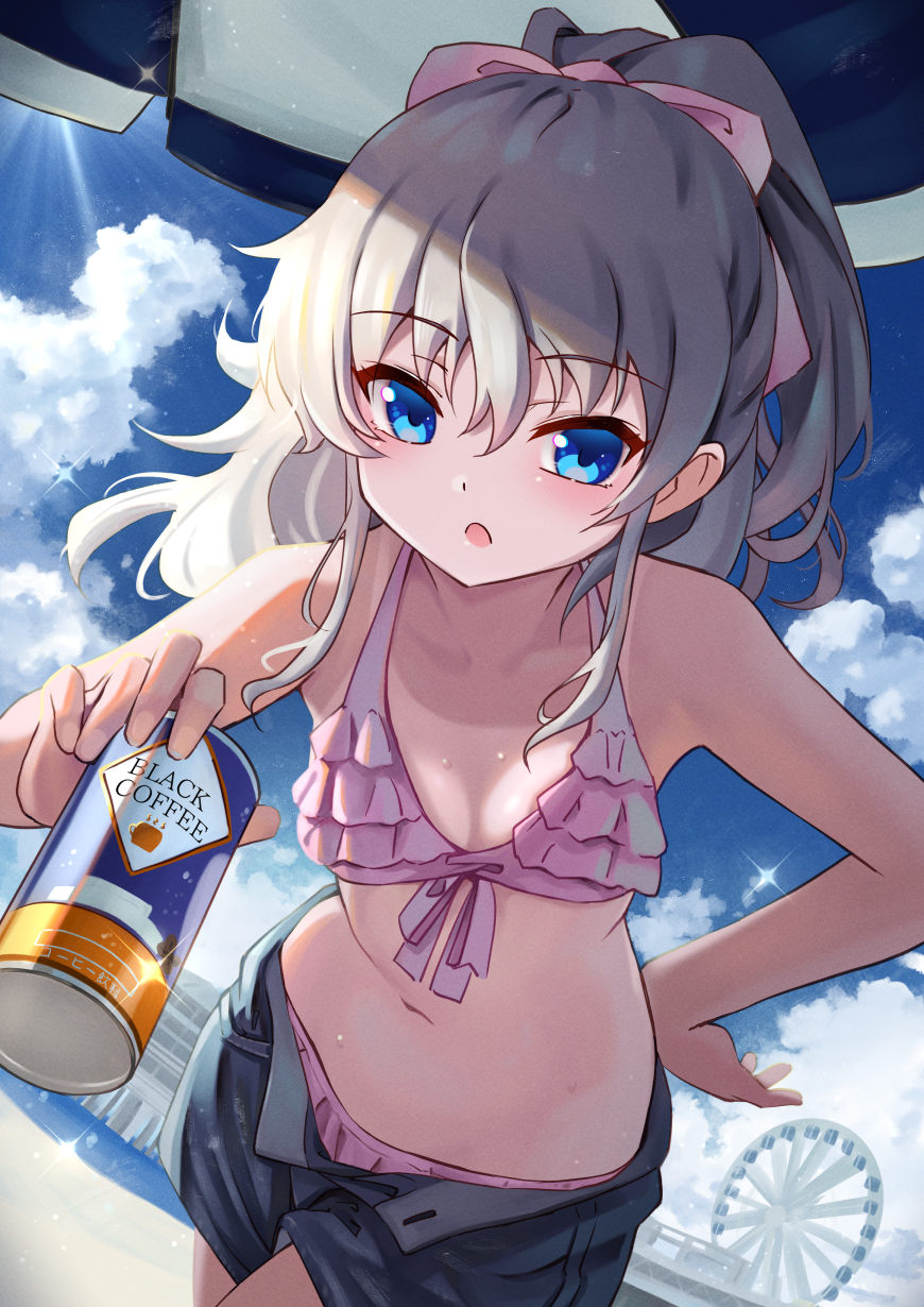 1girl bikini black_shorts blue_eyes blue_sky breasts can canned_coffee charlotte_(anime) clouds day dutch_angle ferris_wheel frilled_bikini frills hair_ribbon highres long_hair netherlands outdoors pink_bikini pink_ribbon ponytail ribbon shorts silver_hair sky small_breasts solo swimsuit tagame_(tagamecat) tomori_nao