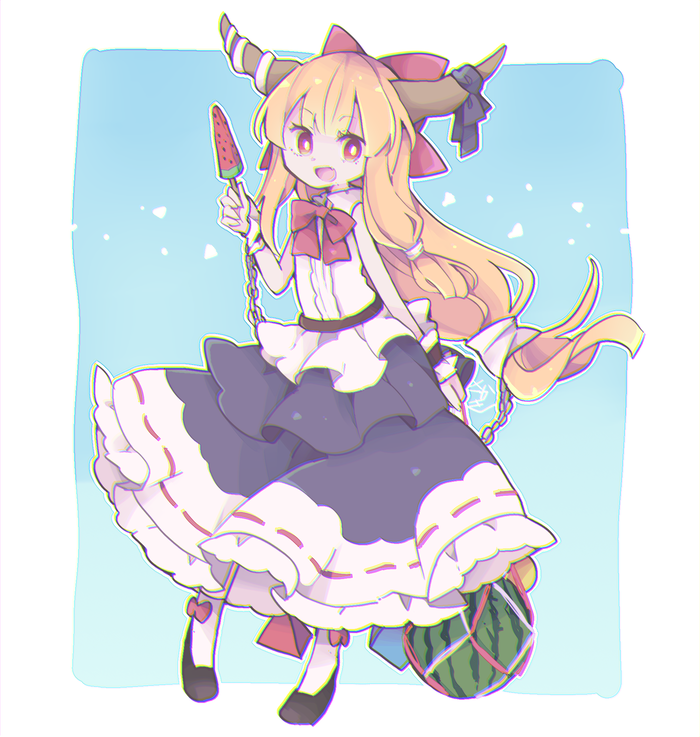 1girl bangs black_footwear blonde_hair blue_background blue_dress bow bowtie bright_pupils chain commentary cosmicmind cube dress fang food fruit full_body hair_bow hand_up holding horn_ornament horn_ribbon horns ibuki_suika long_hair looking_at_viewer popsicle purple_ribbon pyramid red_bow red_eyes red_neckwear ribbon shirt shoes sleeveless sleeveless_shirt smile socks touhou watermelon watermelon_bar white_legwear white_pupils white_shirt wrist_cuffs