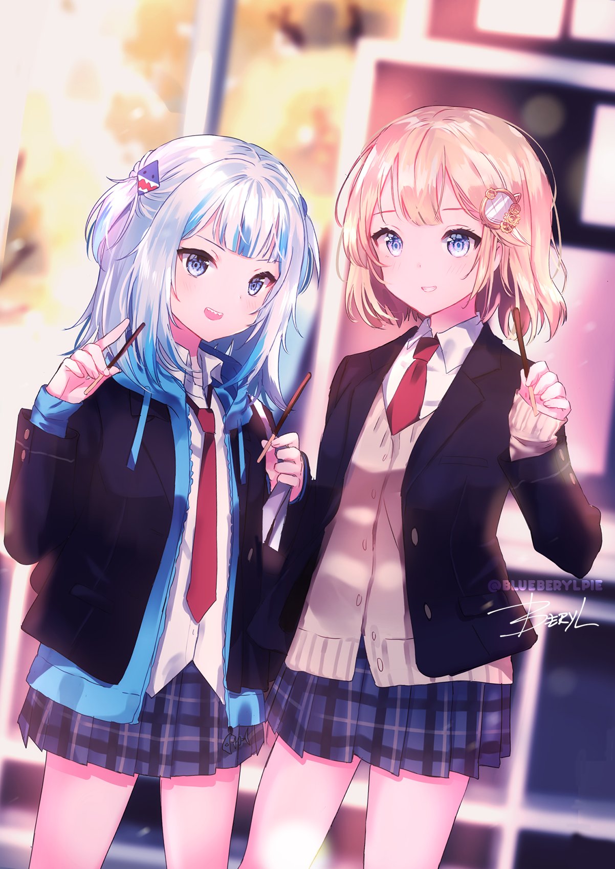 2girls adapted_uniform alternate_breast_size artist_name autumn_leaves beryl_(blueberylpie) blazer blonde_hair blue_eyes blurry blurry_background breasts cardigan cowboy_shot depth_of_field food gawr_gura grin hair_ornament highres holding holding_food holding_pocky hololive hololive_english hood hoodie indoors jacket looking_at_viewer medium_hair multicolored_hair multiple_girls necktie plaid plaid_skirt pocky pocky_day red_neckwear school school_uniform shirt sidelocks signature skirt sleeves_past_wrists small_breasts smile streaked_hair tree untucked_shirt watson_amelia white_hair