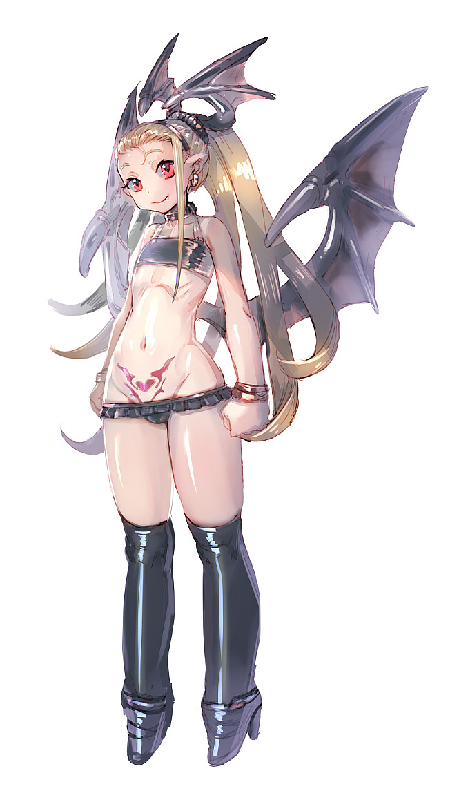 1girl bare_shoulders beltbra black_legwear black_panties blonde_hair blush boots bow_(bhp) bracelet clenched_hands closed_mouth demon_girl demon_wings earrings fang fang_out flat_chest frilled_panties frills full_body head_wings high_heel_boots high_heels highleg highleg_panties hoop_earrings jewelry knee_boots long_hair looking_at_viewer original panties pointy_ears ponytail red_eyes simple_background smile solo standing underwear very_long_hair white_background wings