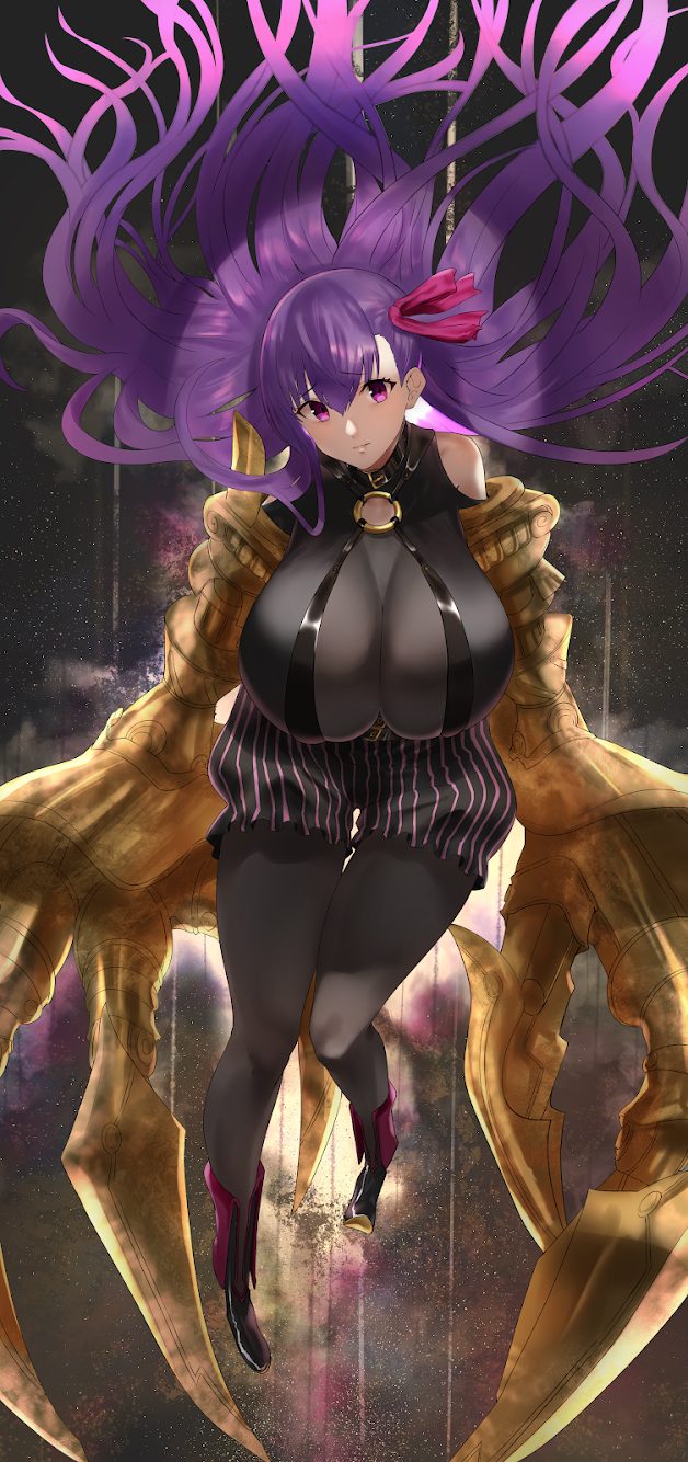 1girl breasts claws closed_mouth collar fate/extra fate/extra_ccc fate/grand_order fate_(series) hair_ribbon highres hotate-chan huge_breasts impossible_clothes long_hair looking_at_viewer o-ring passionlip purple_hair ribbon smile solo very_long_hair violet_eyes